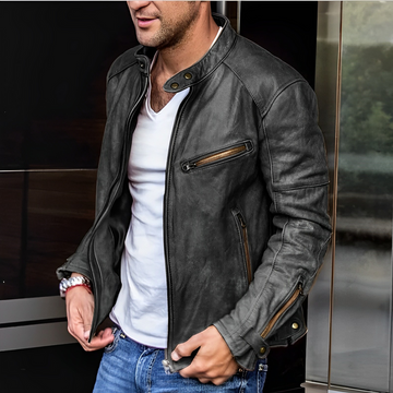 Leo | Men's Distressed Leather Stand Collar Biker Jacket