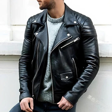 George | Classic Men's Asymmetric Zip Leather Quilted Shoulder Biker Jacket