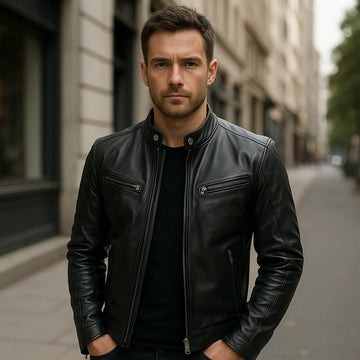 Noah | Men's Casual Stand Collar Ribbed Sleeve Biker Leather Jacket