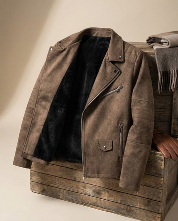 Arthur | Rugged Men's Brown Faux Suede Fleece Lined Biker Jacket